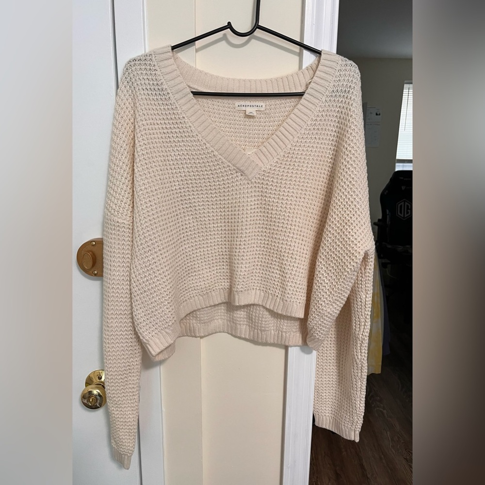 Aeropostale Cream V-Neck Sweater with Textured Knit